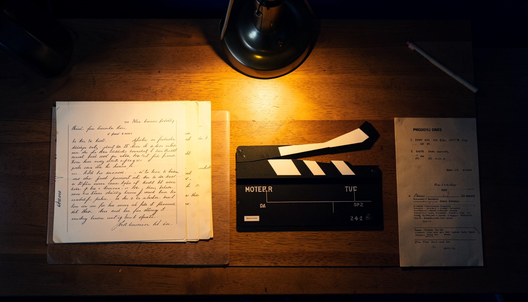 Overhead view of a wooden desk with script pages, a clapperboard, and production notes arranged neatly, warm amber desk-lamp glow against deep navy shadows