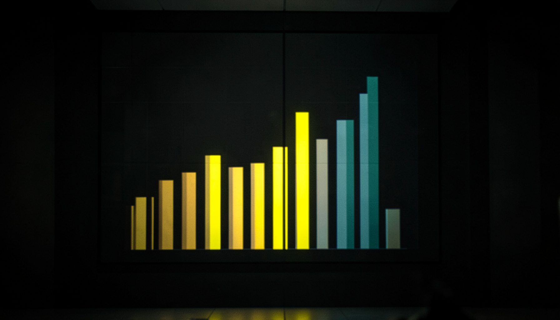 Close-up of a box office chart projected on a dark wall, ascending bars in muted gold and teal, soft cinematic lighting