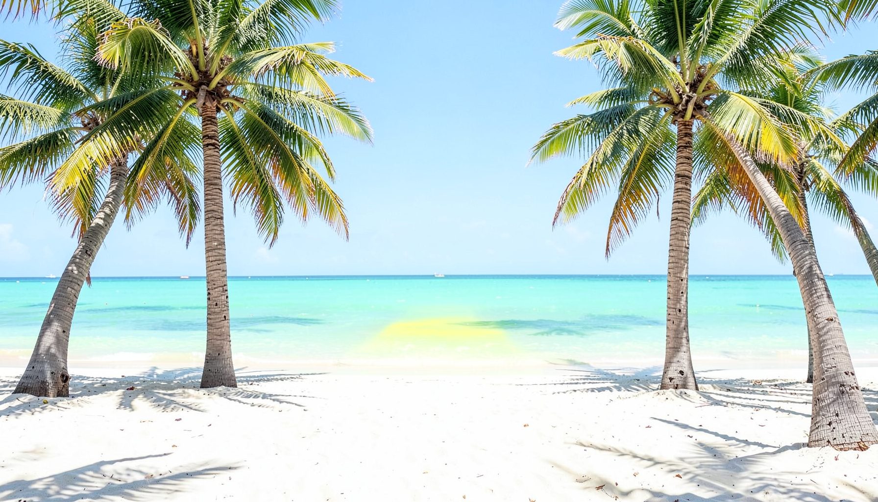 Photo production setup on a tropical beach in Zanzibar, white sand and turquoise water framed by symmetrical palm trees, bright natural sunlight