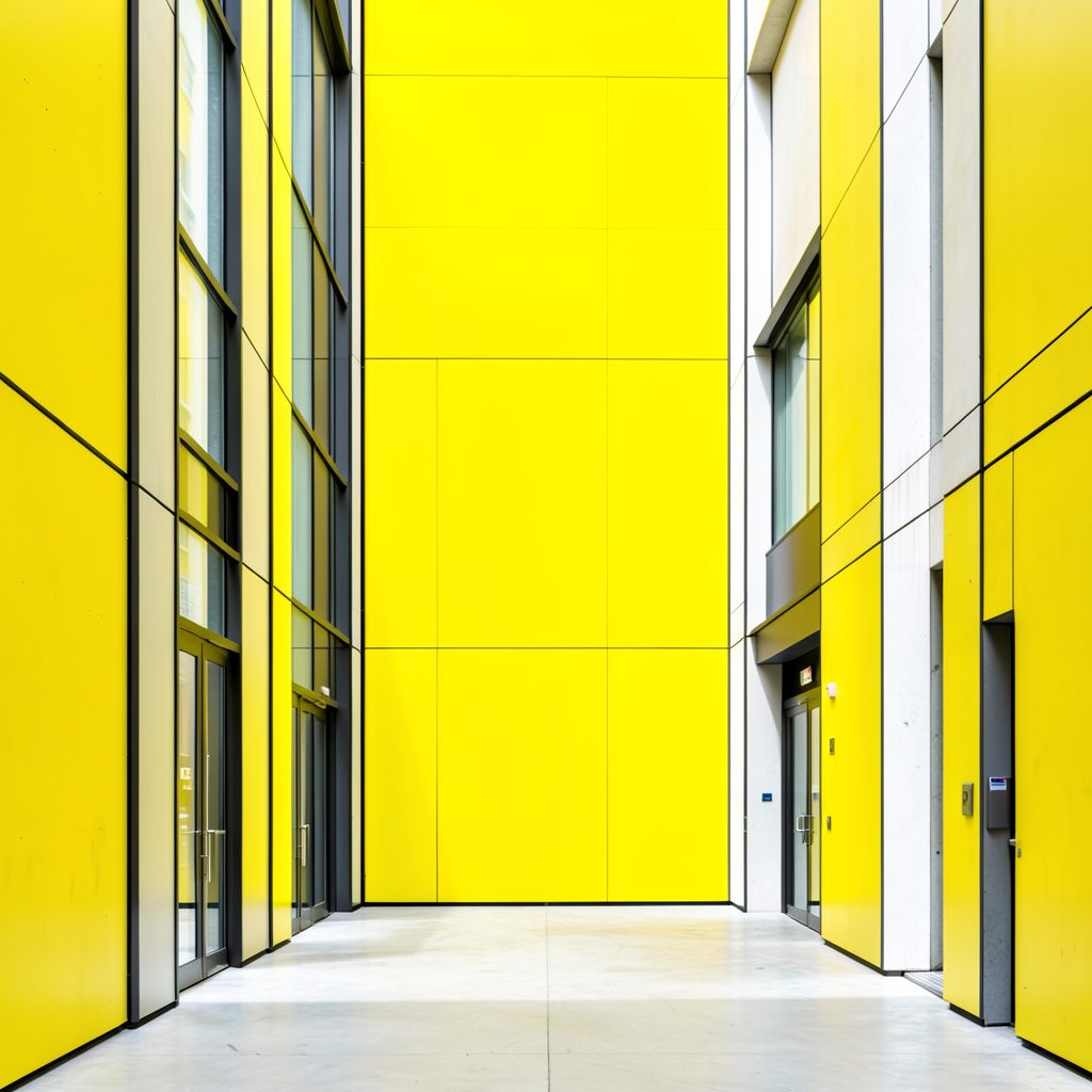 A clean architectural photograph of a municipal building facade with strong symmetry, warm sandstone tones, and orderly rows of windows under a clear sky.